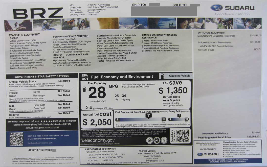 2013 subaru brz window monroney price sticker