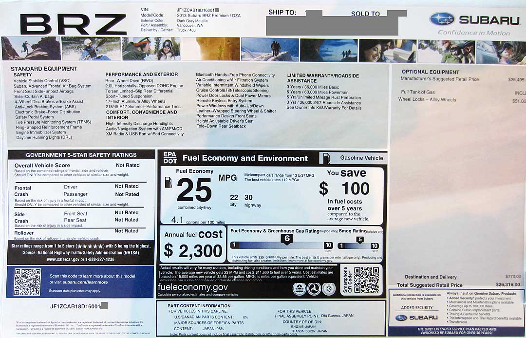brz- 2013 subaru limited brz price sticker