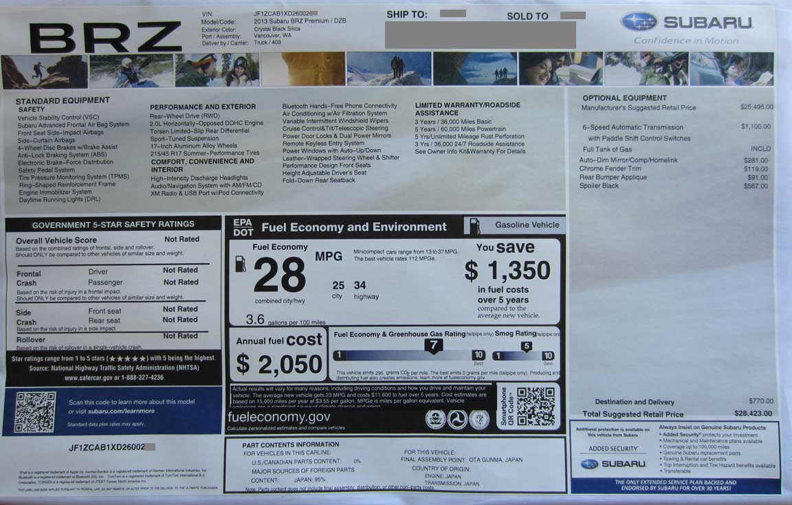 2013 brz Premium window sticker