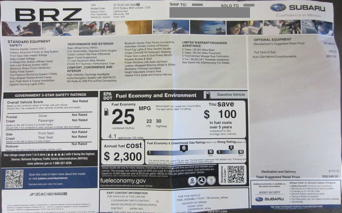 brz limited monroney price window sticker