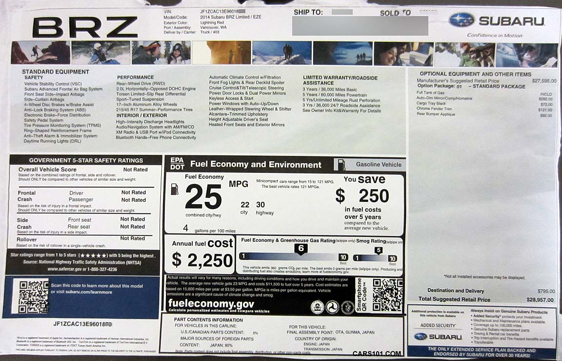 2014 BRZ Limited monroney window sticker