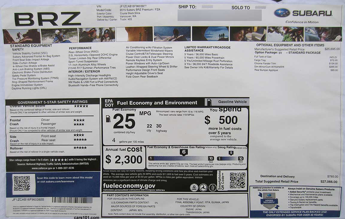 2015 Subaru BRZ Premium window price sticker. model code FZA