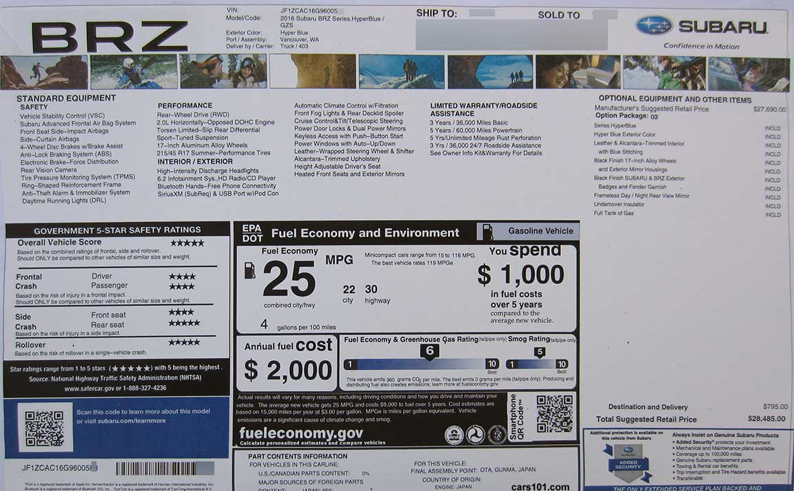 2016 Subaru BRZ Series.HyperBlue window monroney price sticker