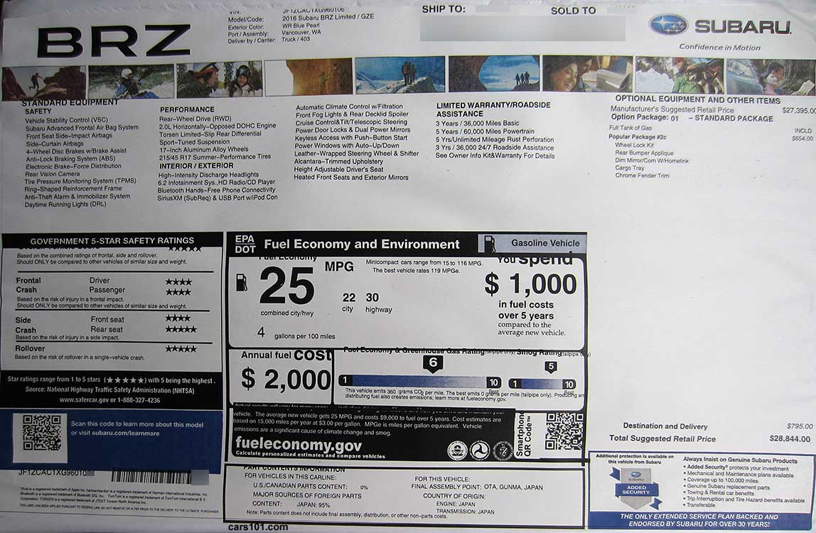 2016 Subaru BRZ Limited Monroney window price sticker