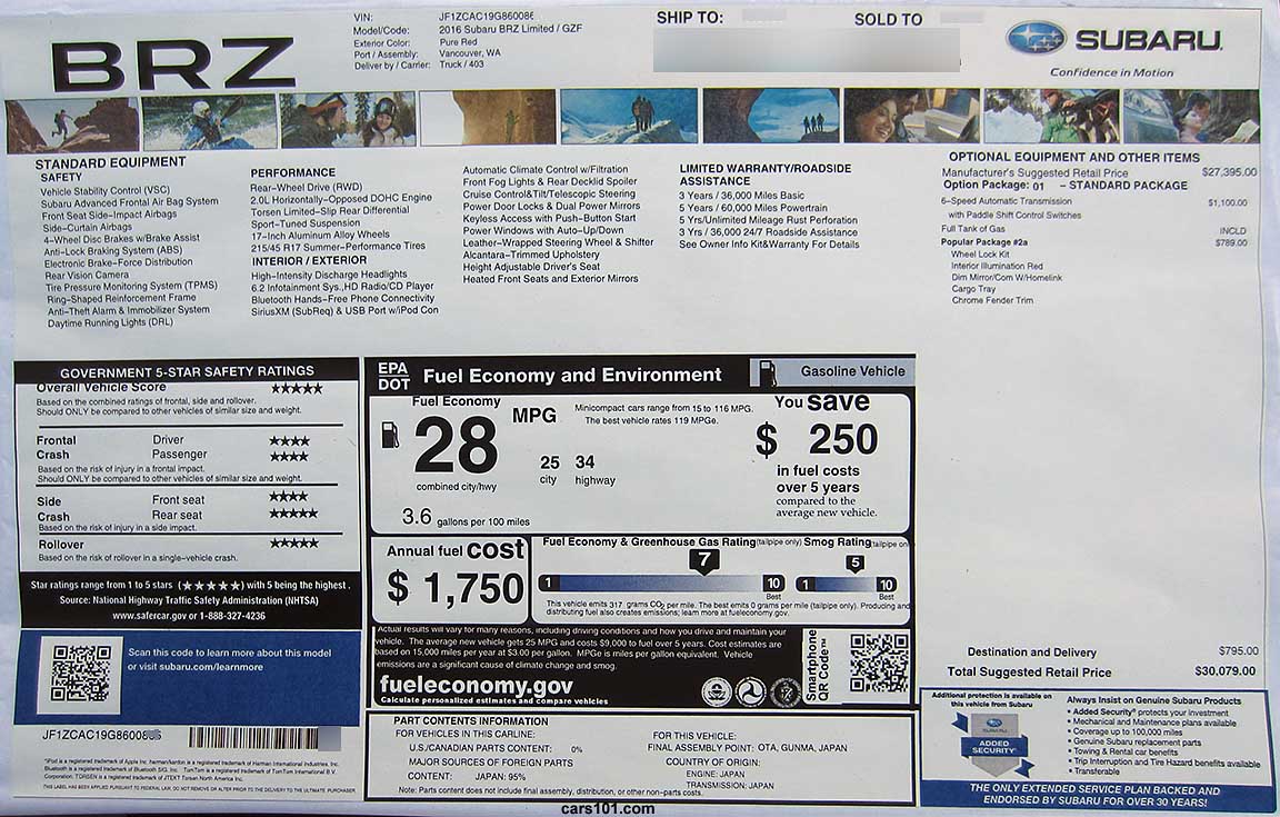 2016 Subaru BRZ Limited automatic transmission (model code GZF) window Monroney sticker