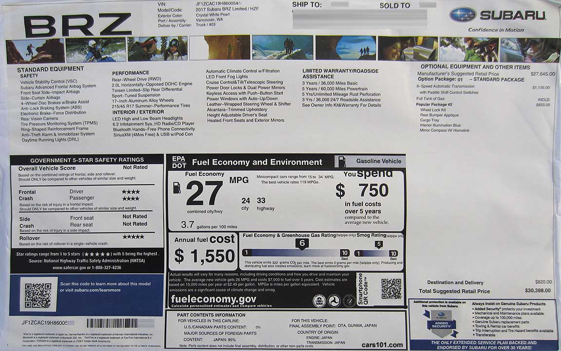 2017 Subaru BR Limited (code HZF) window price monroney sticker, automatic transmission model