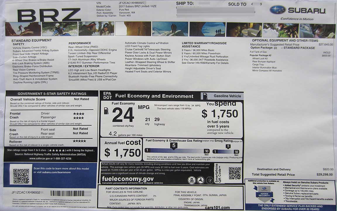 2017 subaru BRZ Limited window price Monroney sticker. manual transmission (model code HZE)