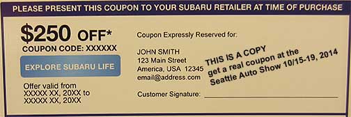 Subaru coupon from the 2014 Seattle Auto Show, 10/15-19