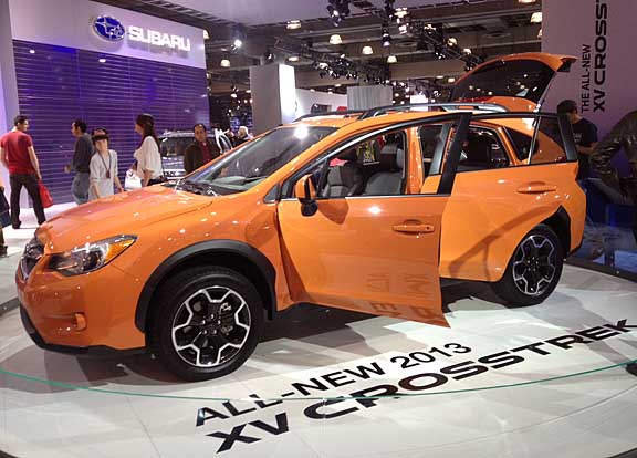 2013 subaru xv crosstrek crossover, orange, at the NY auto show