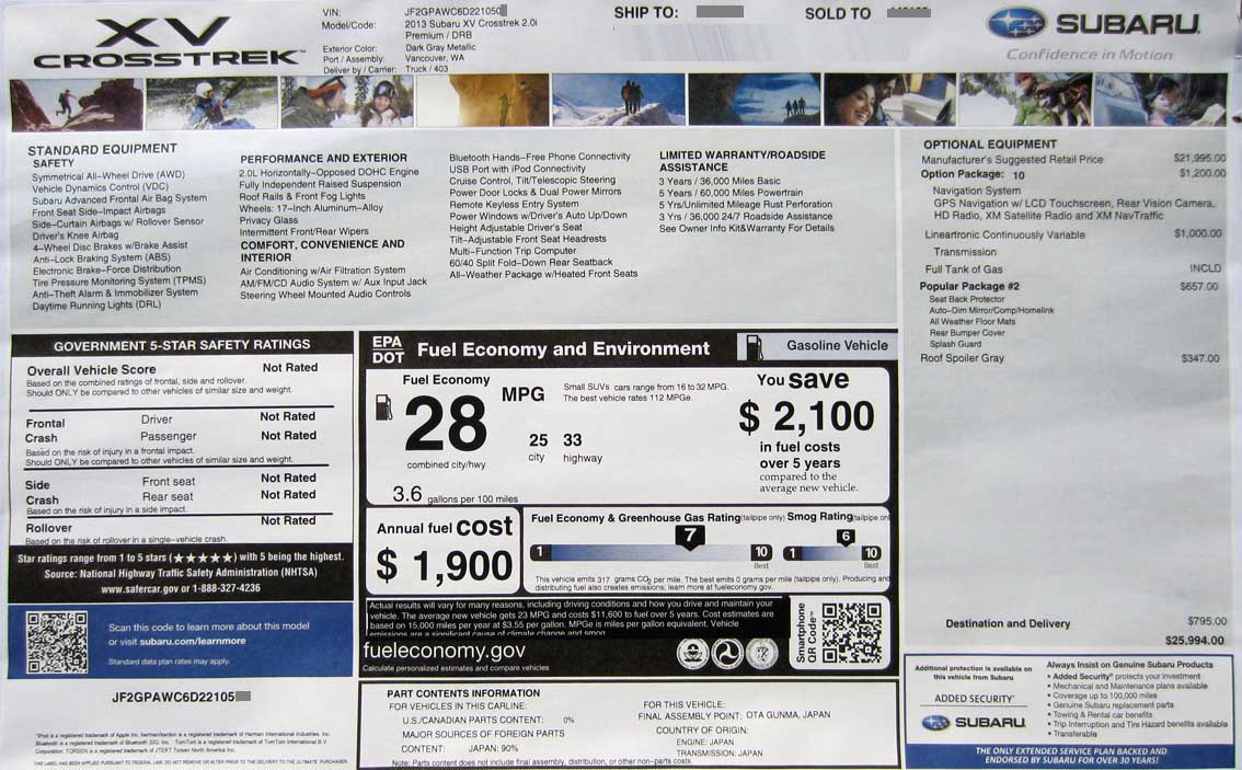 2013 subaru crosstrek premium cvt monroney price label