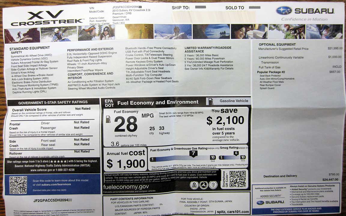 2013 subaru xv crosstrek price window label