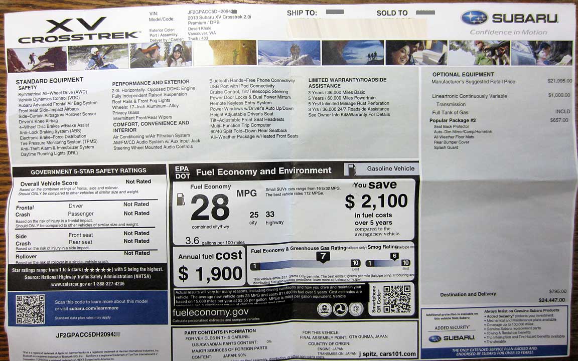 2013 subaru xv crosstrek price window label