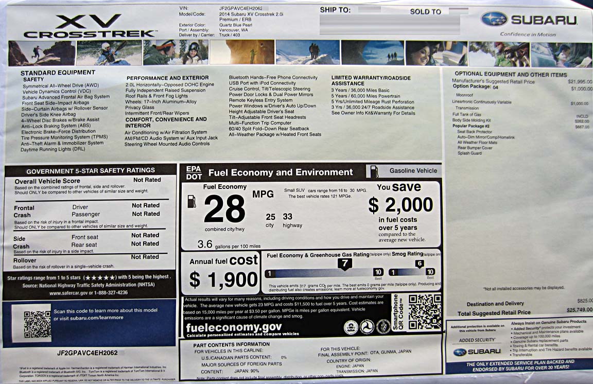 2014 subaru xv crosstrek premium cvt window price label