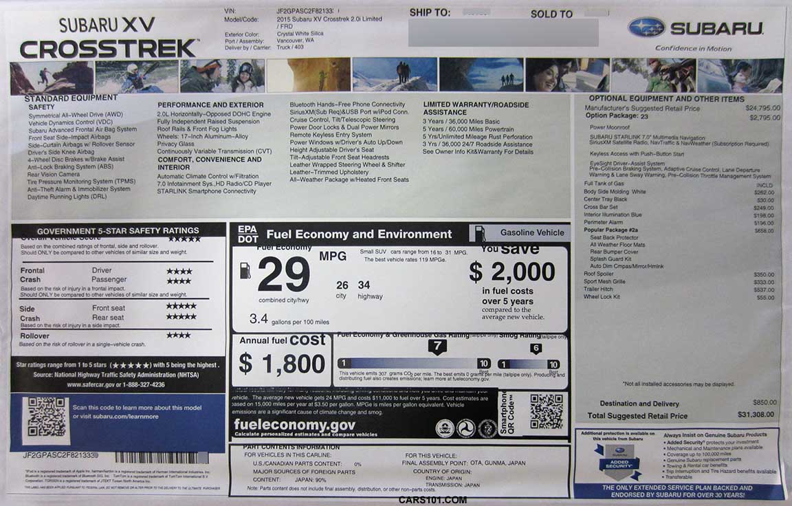 2015 Subaru Crosstrek 2.0i limited (code FRD) Monroney Window Price Sticker