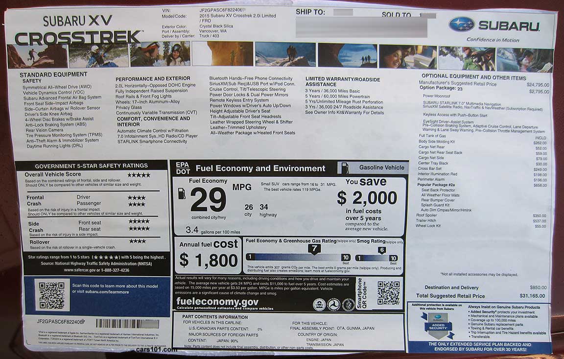 2015 Subaru Crosstrek 2.0i Limited with Option Package #23 (Eyesight)  Monroney Window Price Sticker