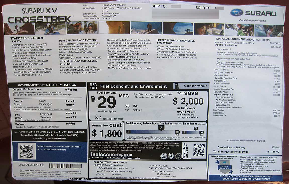2015 Subaru Crosstrek 2.0i Limited with Option Package #23 (Eyesight) Monroney Window Price Sticker