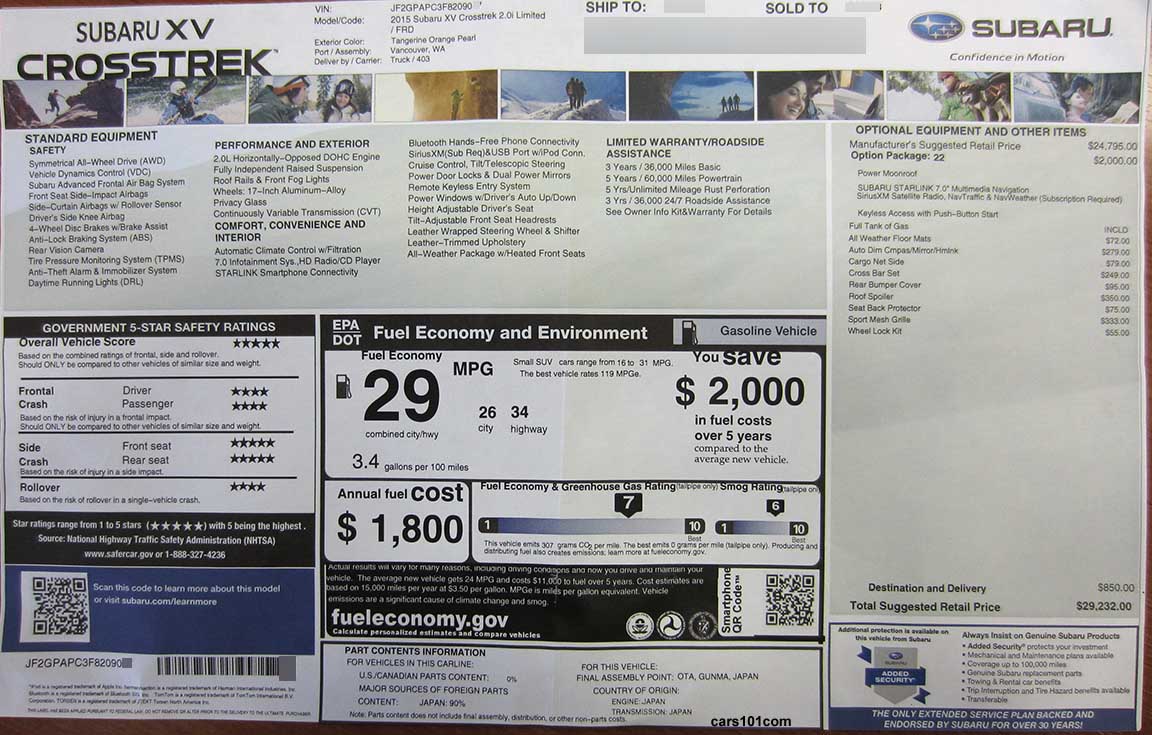 2015 Subaru Crosstrek 2.0i Limited (model code FRD) package #22 navigation Monroney Window Price Sticker