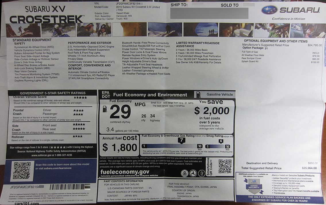 2015 Subaru Crosstrek Limited (code FRD) with standard option package #21 Monroney Window Price Sticker