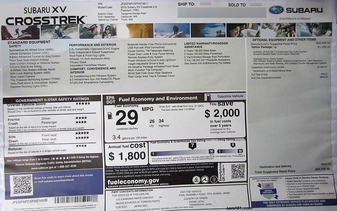 2015 Subaru Crosstrek 2.0i Premium CVT (model code FRC) with option package #14 eyesight Monroney Window Price Sticker