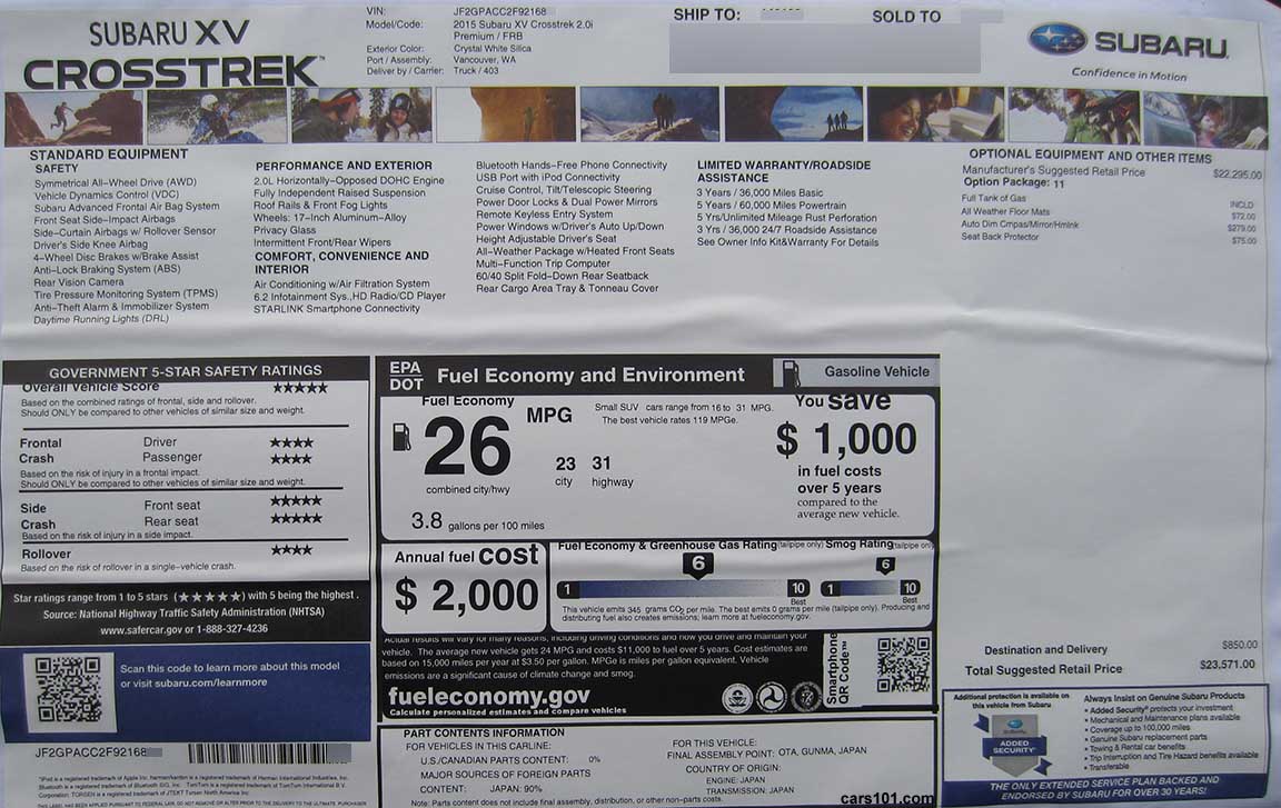 2015 Subaru Crosstrek  2.0i Premium manaul transmission model code FRB Monroney Window Price Sticker