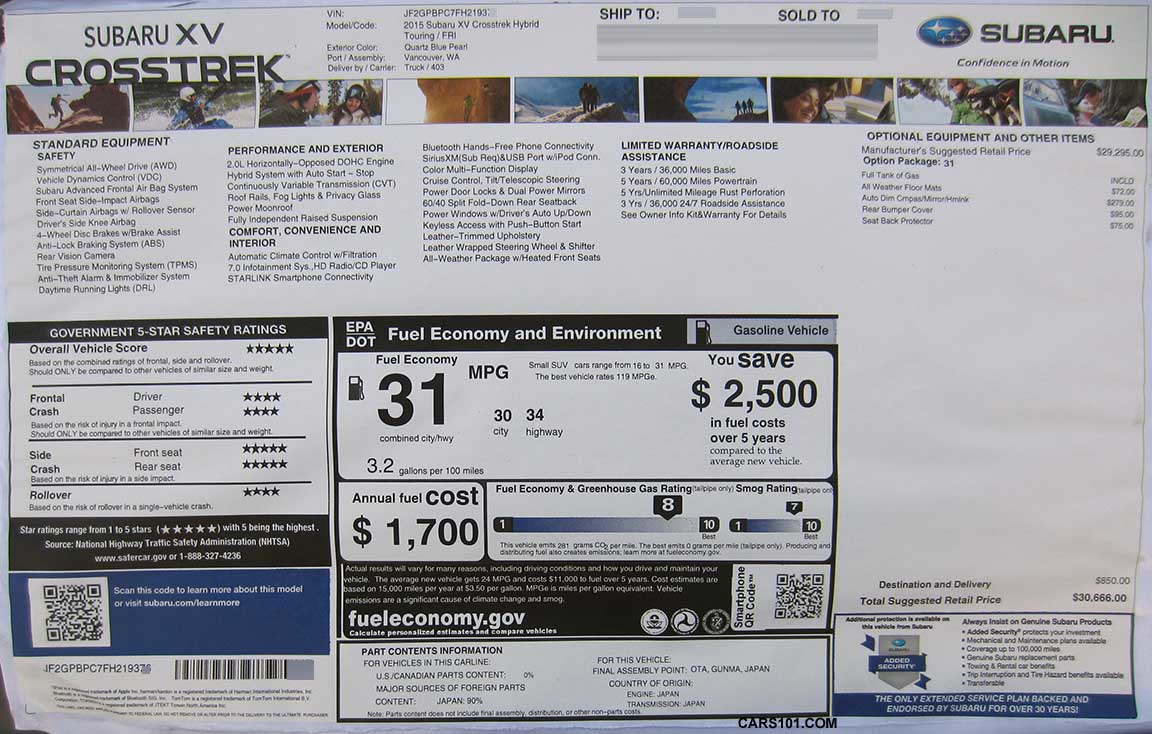 2015 Subaru Crosstrek Hybrid Touring (model code FRI), standard Option Package #31 Monroney Window Price Sticker