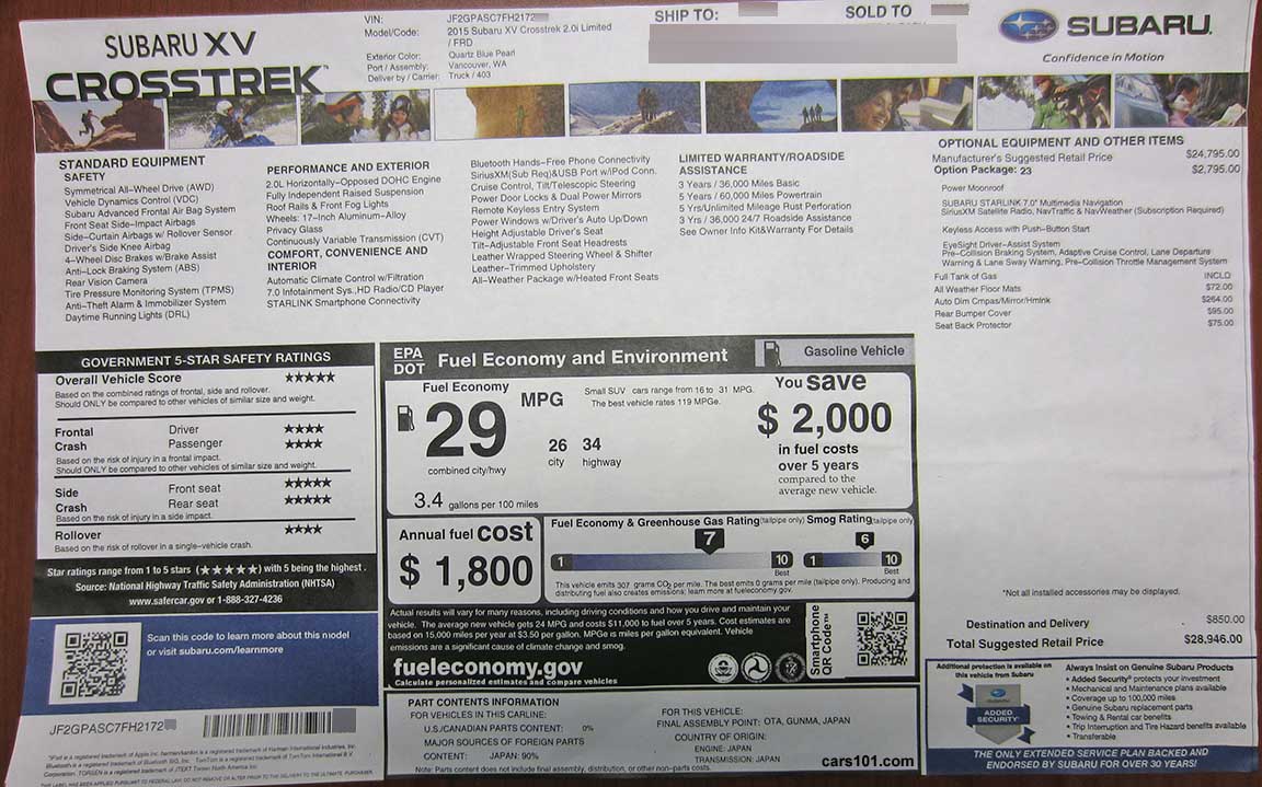 2015 Subaru Crosstrek 2.0i Limited 9model code FRD) with top of the line Option Package #23 eyesight etc,   Monroney Window Price Sticker