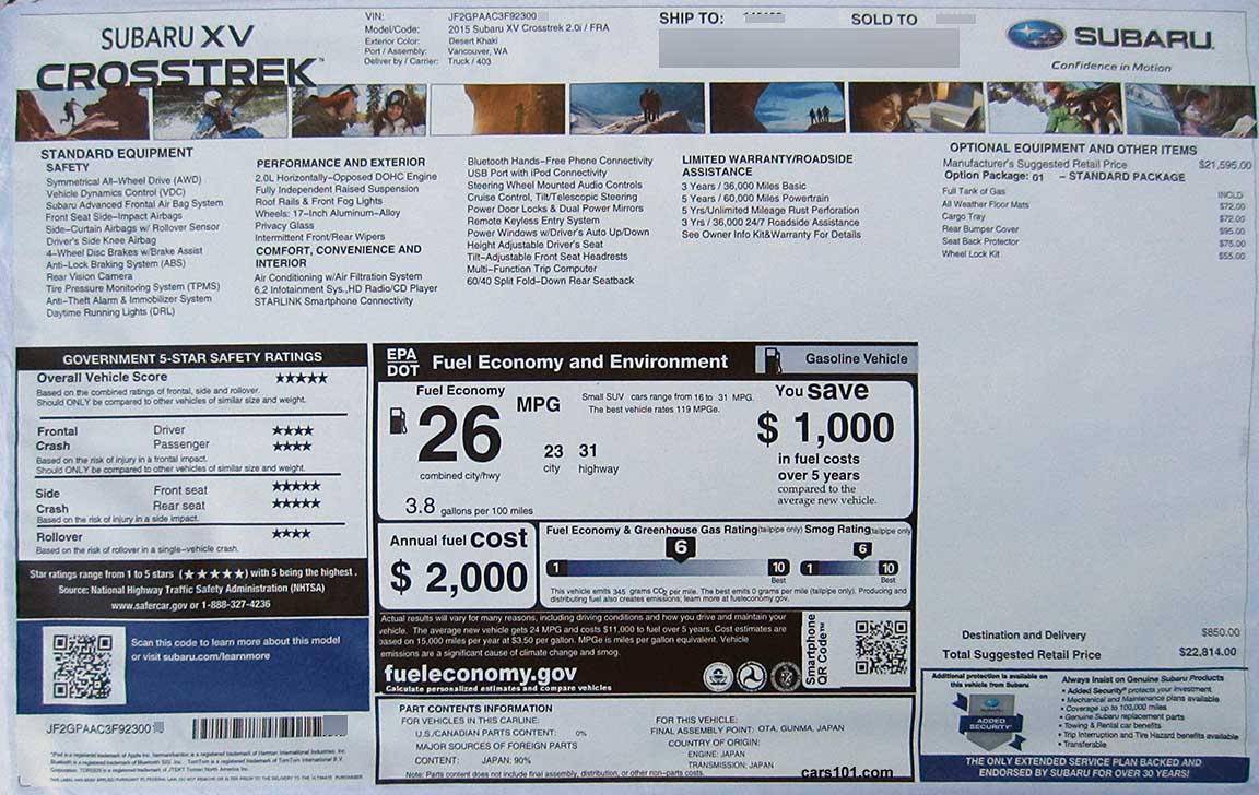 2015 Subaru Crosstrek 2.0i manual transmission base model (code FRA) Monroney Window Price Sticker