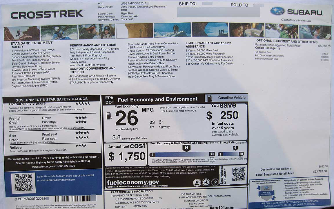 2016 Subaru Crosstrek Premium manual transmission (code GRB)  window monroney sticker