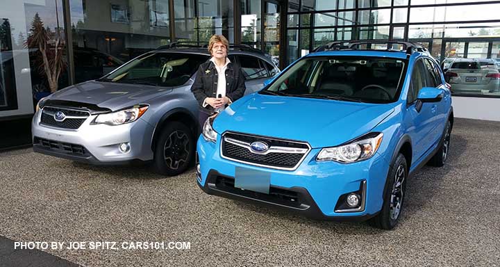 2013 silver Subaru Crosstrek and 2017 Hyperblue crosstrek