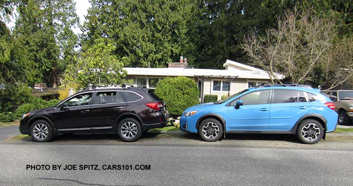 my 2017 Outback Touring brilliant brown, and her 2016 Hyperblue Crosstrek Ltd