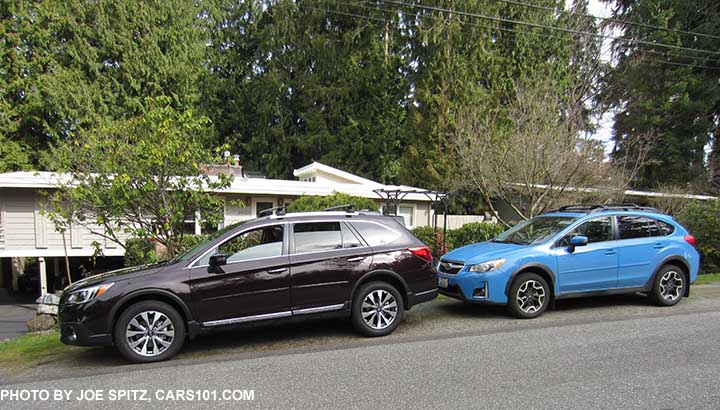 my 2017 Outback Touring brilliant brown color, and her 2016 Hyperblue Crosstrek Limited. Photo March 2017.