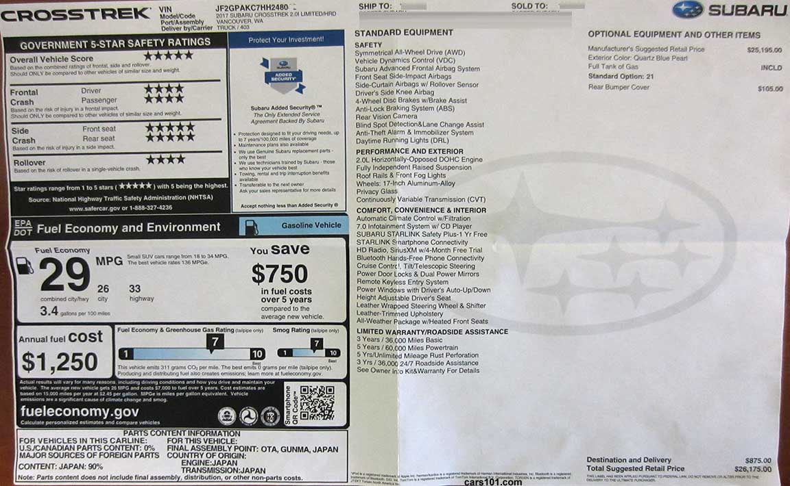 2017 Subaru Crosstrek Limited CVT transmission (model code HRD) Monroney price sticker