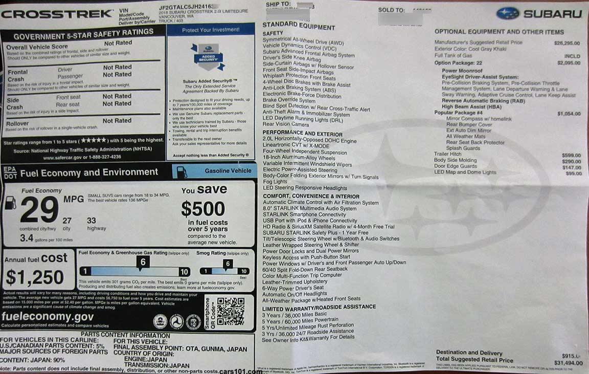 2018 Subaru Crosstrek Limited Monroney price and feature window information sticker Model code JRE with Eyesight, Moonroof Option Package #22. Plus Popular pkg 4, plus optional trailer hitch, side moldings, door edge guards, LED maps lights