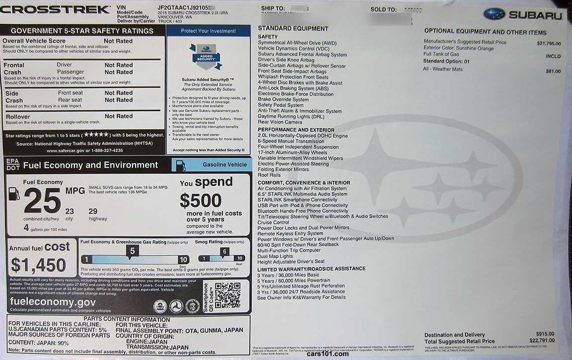 2018 Subaru Crosstrek 2.0i manual transmission (model code JRA, pkg 01) Monroney feature and price window sticker.
