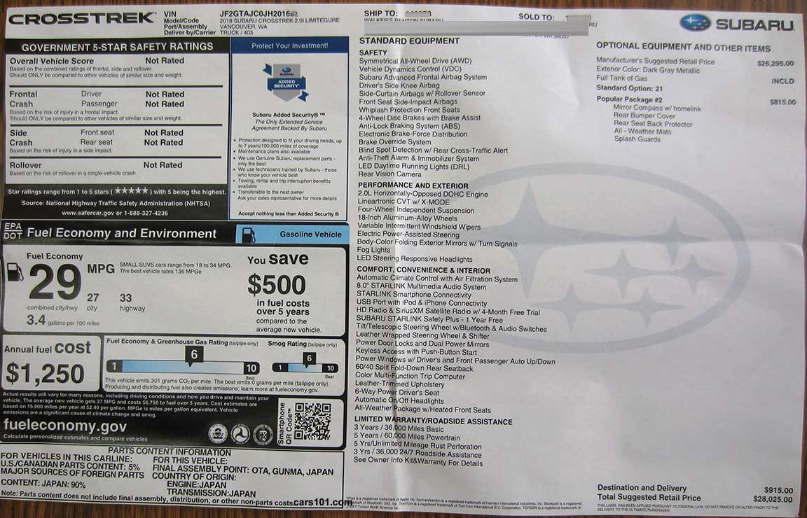2018 Subaru Crosstrek Limited Monroney price and feature window information sticker Model code JRE with Option Package #21, Popular pkg #2