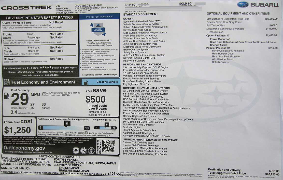 2018 Subaru Crosstrek Premium CVT Monroney price and feature window information sticker Model code JRD with Moonroof, Blind Spot Detection Option Package #12, Popular Pkg 2