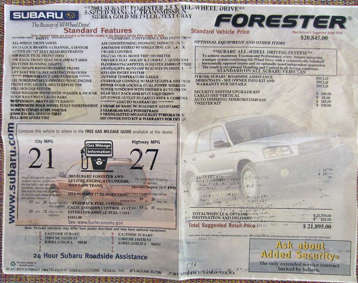 2003 Subaru Forester 2.5X monroney window sticker, manual transmission