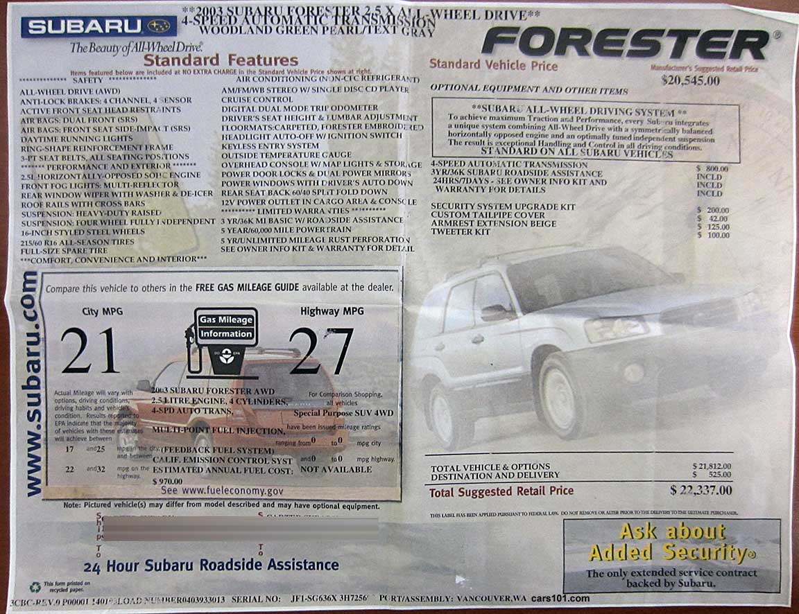 2003 Subaru Forester X automatic transmission monroney price window sticker
