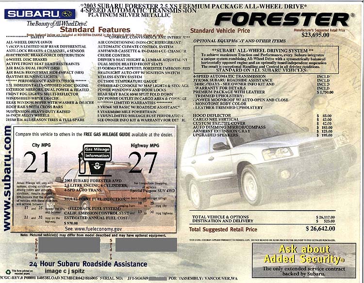 2003 Subaru Forester 2.5 XS Premium monroney window sticker