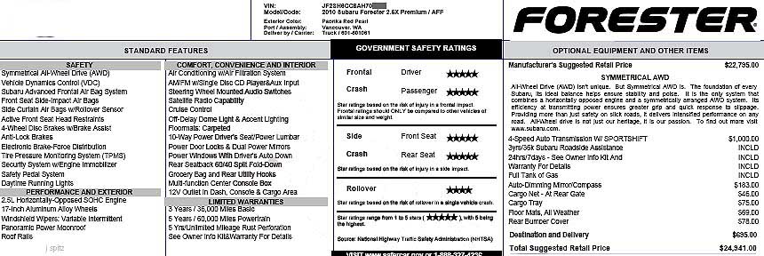 2010 Subaru forester window sticker