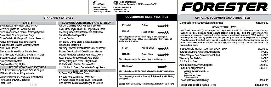 2010 Subaru forester monroney price sticker