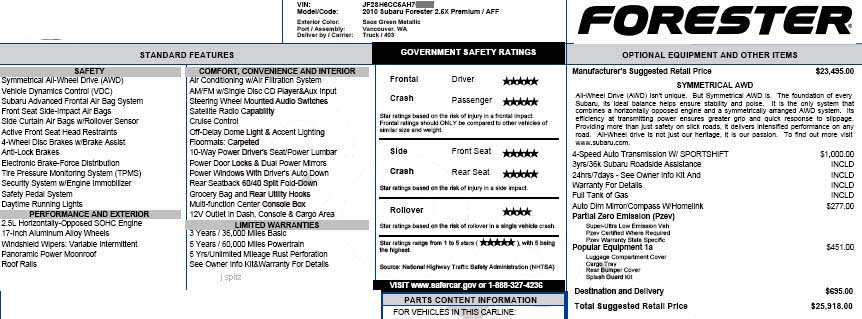 2010 Subaru Forester price sticker