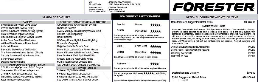 2010 Forester 2.5i X price sticker