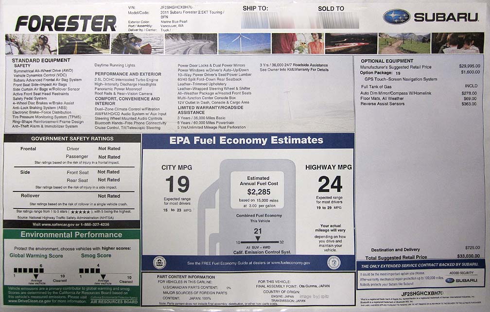 2011 Subaru Forester XT Touring window price sticker MSRP list