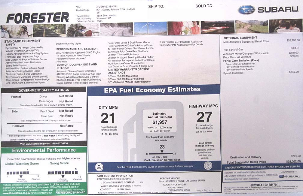 Subaru Forester 2.5 X Limited, 2011 model, window sticker