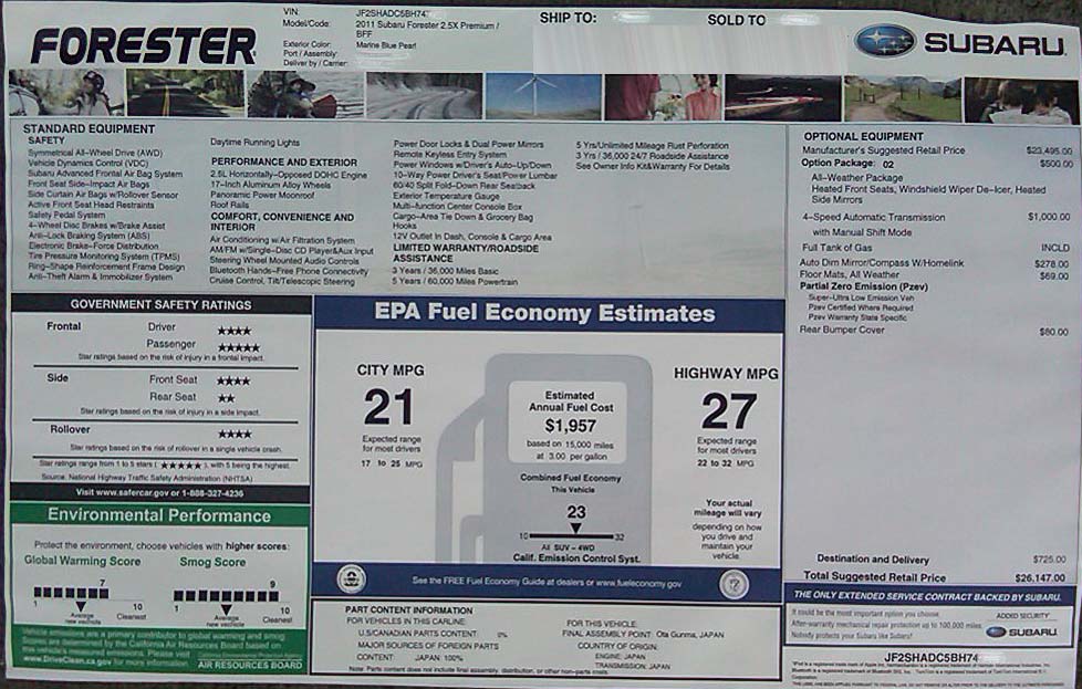 2011 Forester monroeny window sticker with Safety ratings