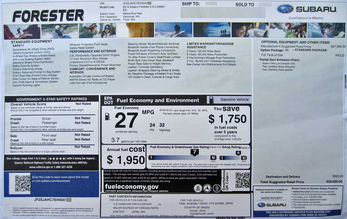 2014 subaru forester monroney label price sticker, 2.5X limited model