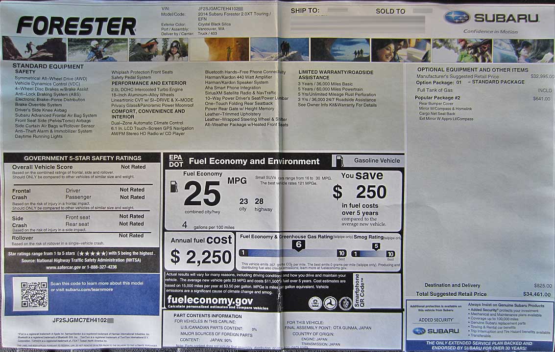 2014 forester 2.0XT Touring monroney label window prioce sticker