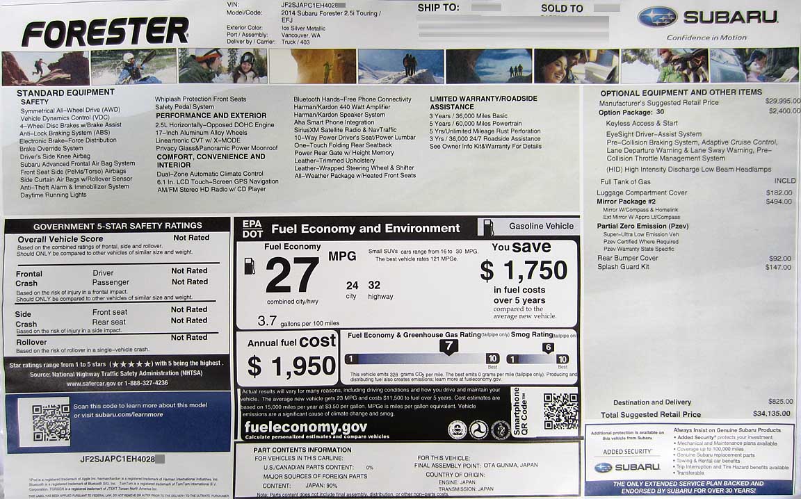 window price sticker 2014 subaru forester 2.5 Touring with Eyesight