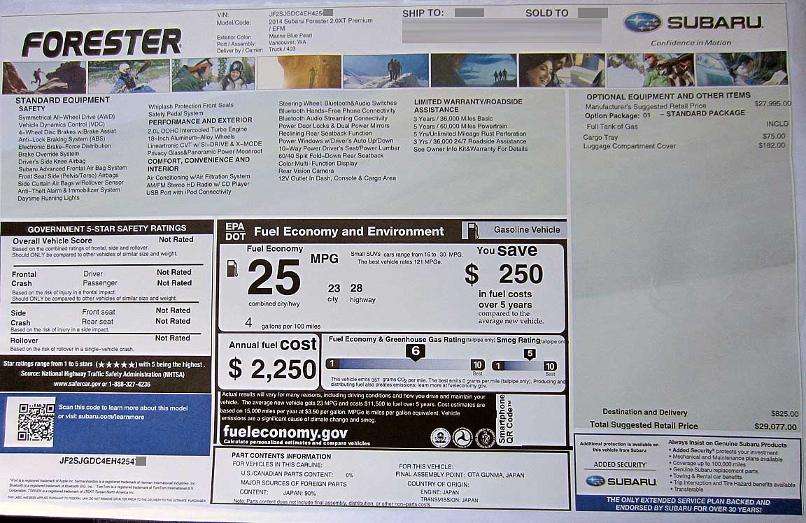 2014 forester xt premium monroney label window sticker